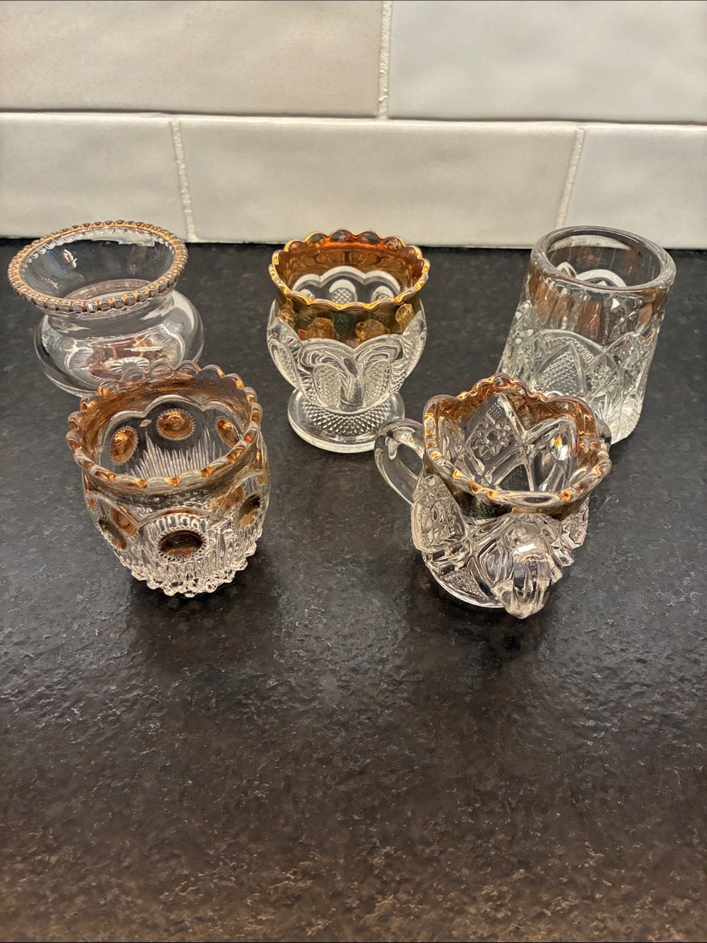 EAPG Assorted Clear Glass Toothpick Holders with Gold Trim - Set of 5